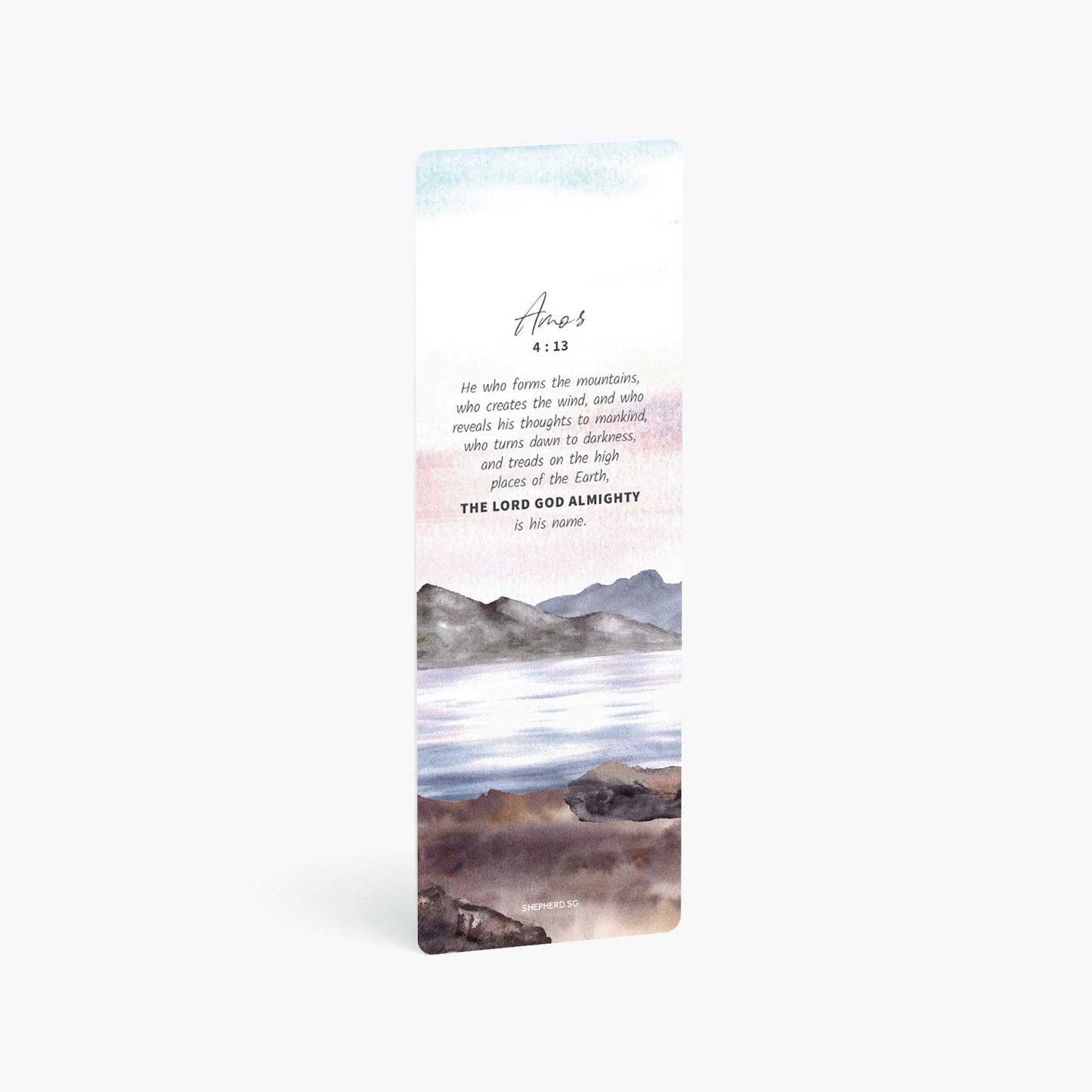 bookmark with Bible verse Amos chapter 4 and watercolor mountain landscape on a white background