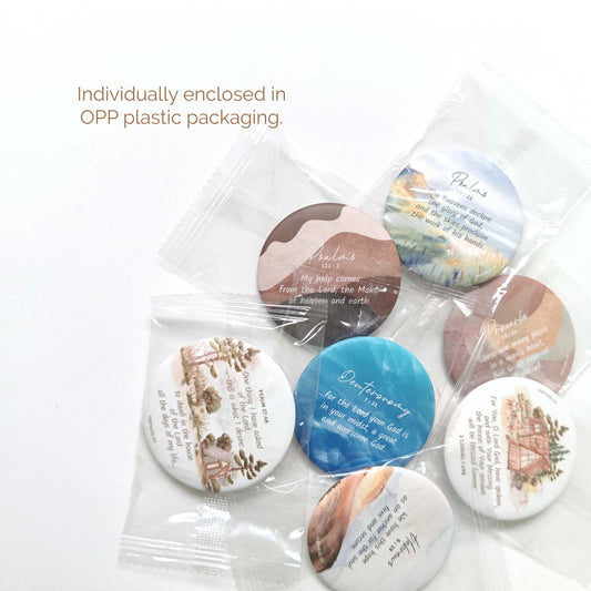Packaged magnets with various designs and bible verses, individually enclosed in OPP plastic packaging.