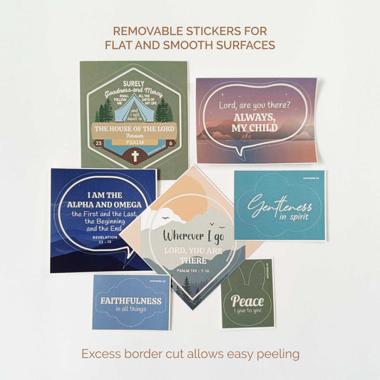 Set of shaped Christian stickers with kiss cut borders flat lay on a white background