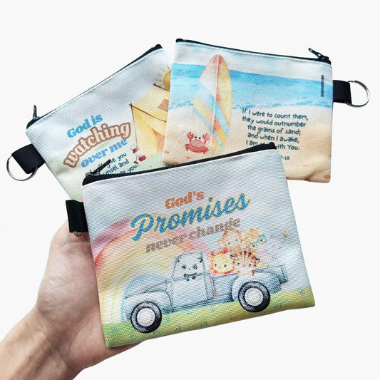 three kids canvas zipper pouch front reverse with bible verse on white background