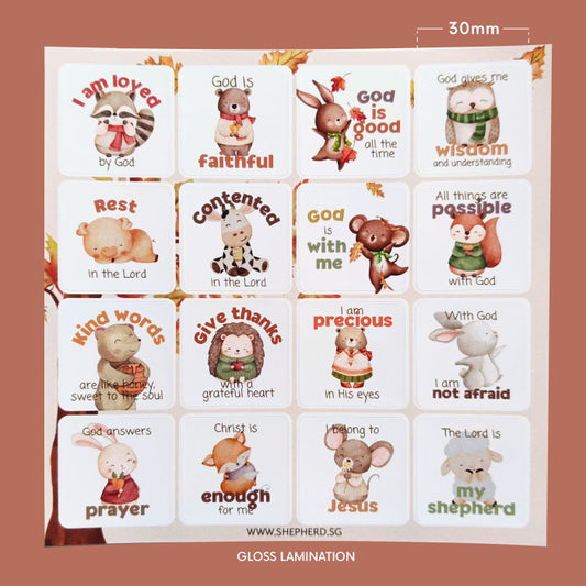 Set of children's stickers with animal illustrations and Bible messages on a white background.