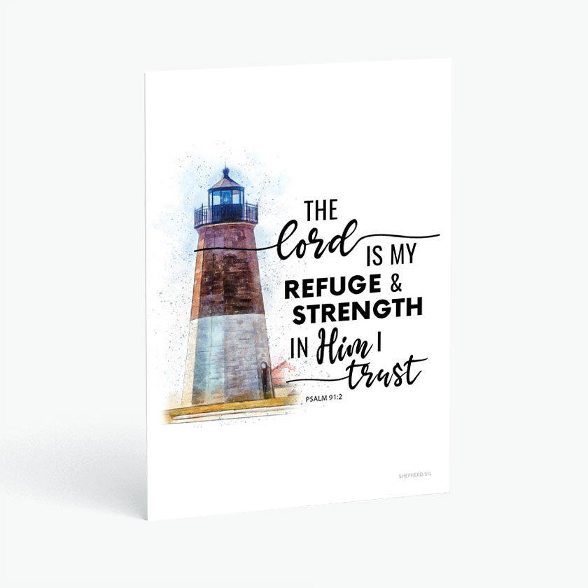 Christian postcard with Bible verse Psalm 91:2 and watercolor design of lighthouse on white background
