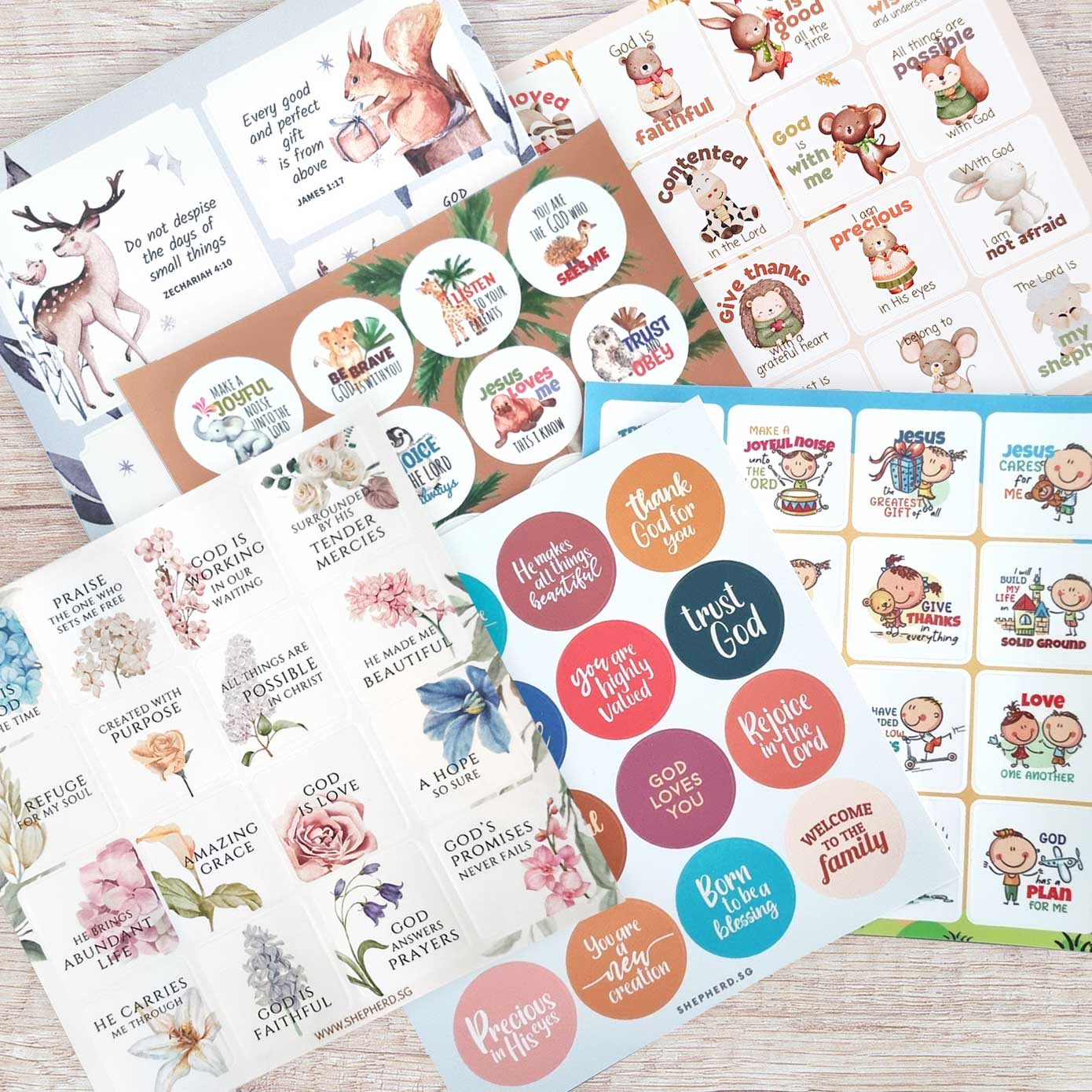 Collection of various stickers with Christian messages from shepherd.sg