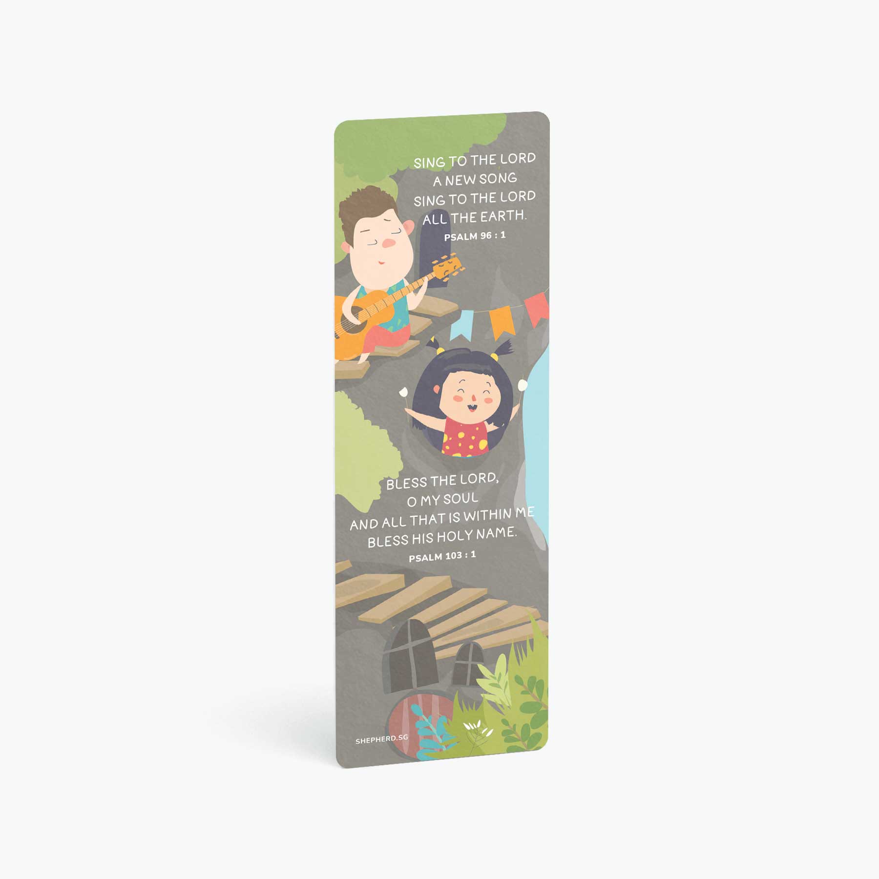 Children bookmark with Bible verses Sing to the Lord and Bless the Lord with colourful illustrations vertically standing on a white background