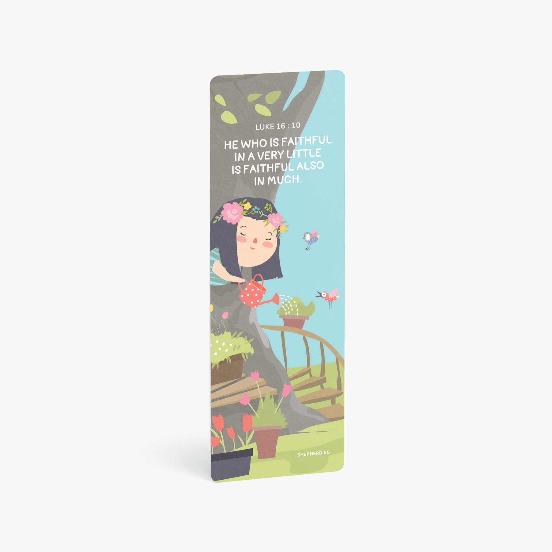 Children bookmark with Bible verse He who is faithful in a very little with illustration of a girl tending to plants, vertically standing on a white background.