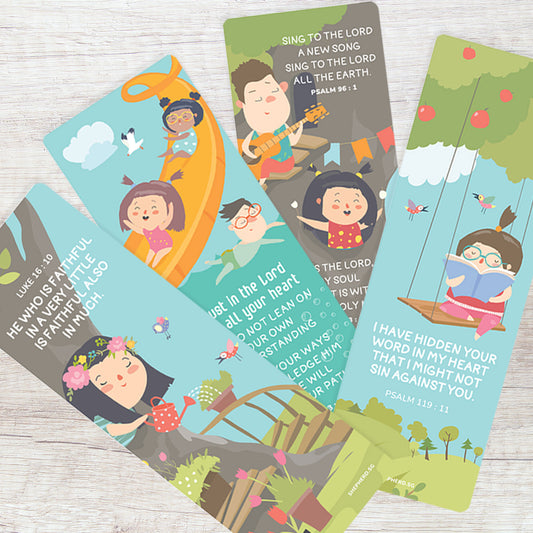Set of colorful children's bookmarks with illustrations and Bible verses on a wooden surface.