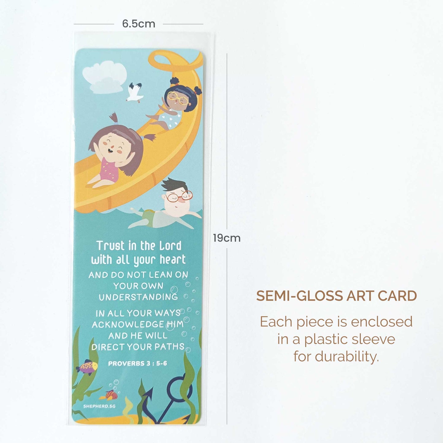 Semi-gloss art card with children on a slide and Bible Verse with dimensions of bookmark displayed.