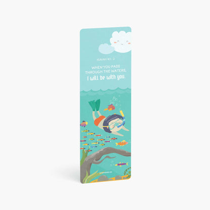 Children bookmark with Bible verse when you pass through the waters, with a boy snorkeling underwater illustration, vertically standing on a white background