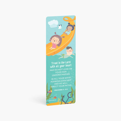 Children bookmark with Bible verse trust in the Lord with all your heart Lord with illustration of children on a slide and a boy swimming, vertically standing on a white background