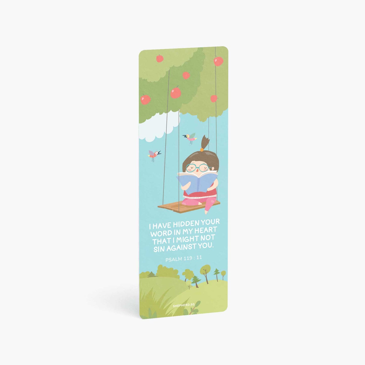 Children bookmark with Bible verse I have hidden your Word in my heart with  illustration of a girl on a swing underneath a tree, vertically standing on a white background