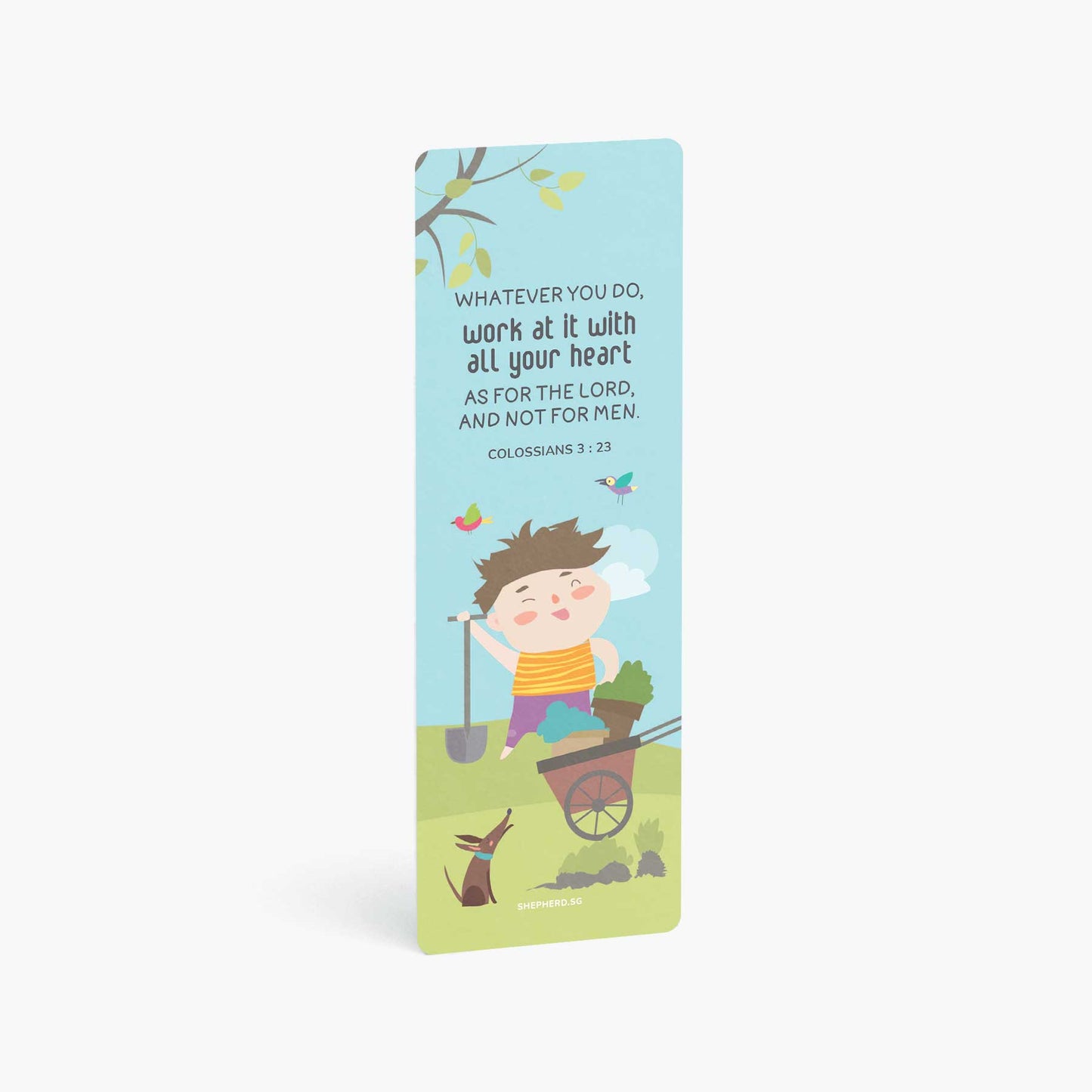 Children bookmark with Bible verse Colossians 3:23 with illustration of a boy and spade in a garden vertically standing on a white background