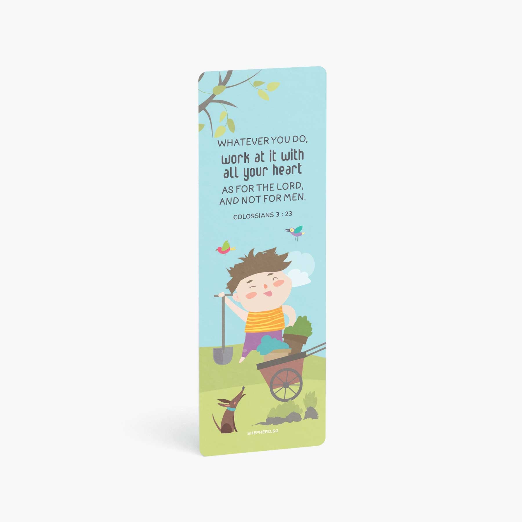 Children bookmark with Bible verse Colossians 3:23 with illustration of a boy and spade in a garden vertically standing on a white background