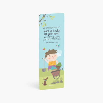 Children bookmark with Bible verse Colossians 3:23 with illustration of a boy and spade in a garden vertically standing on a white background