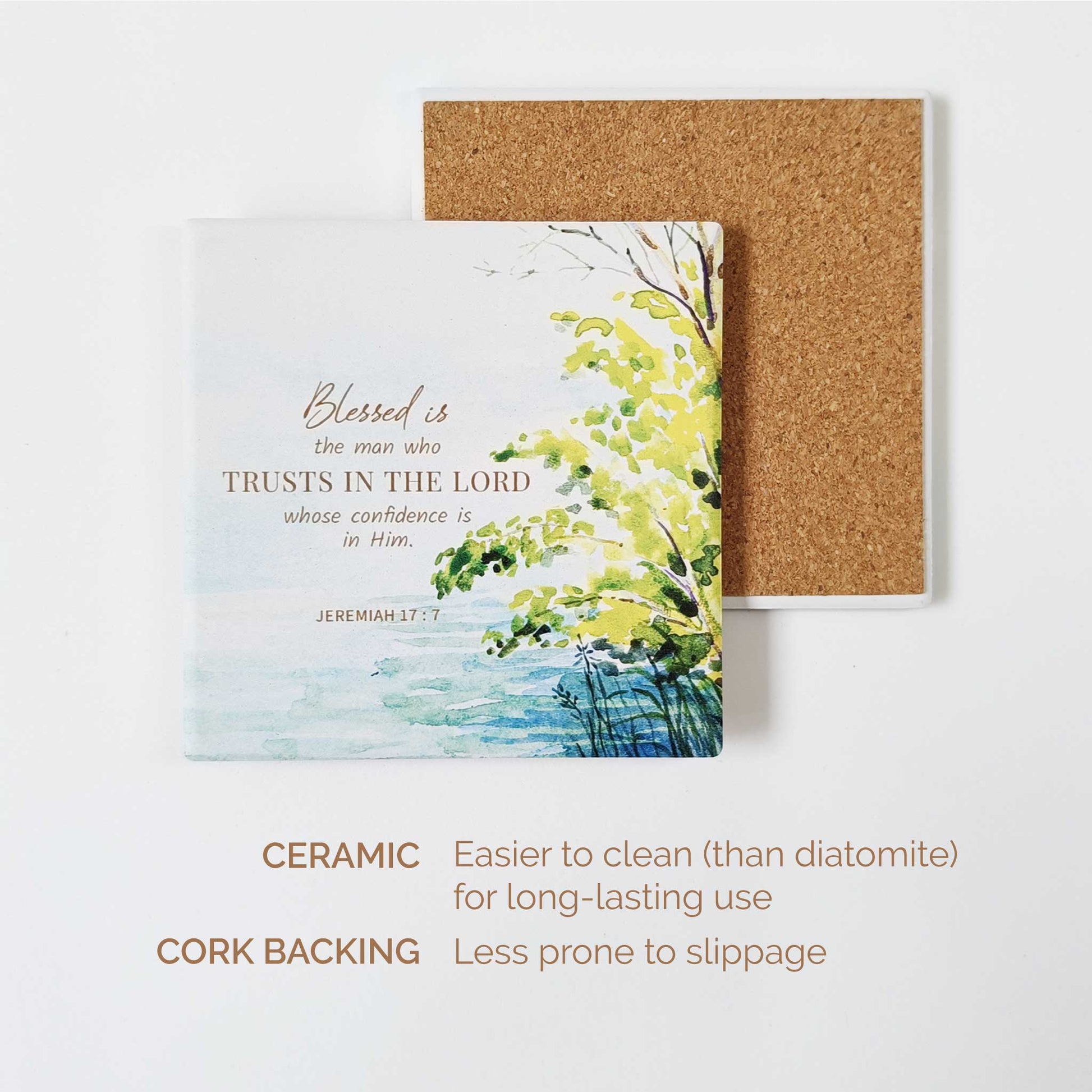 Square ceramic coaster with Bible verse Blessed is the man who trusts in the Lord and another piece showing the cork backing on its reverse side. 