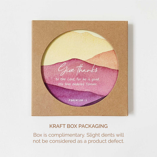 Square ceramic coaster with Bible verse Give thanks packaged in a kraft box on a white background