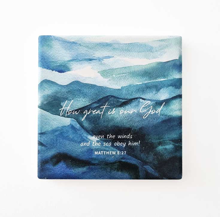 christian square ceramic coaster Matthew 8:27 how great is our god on white background