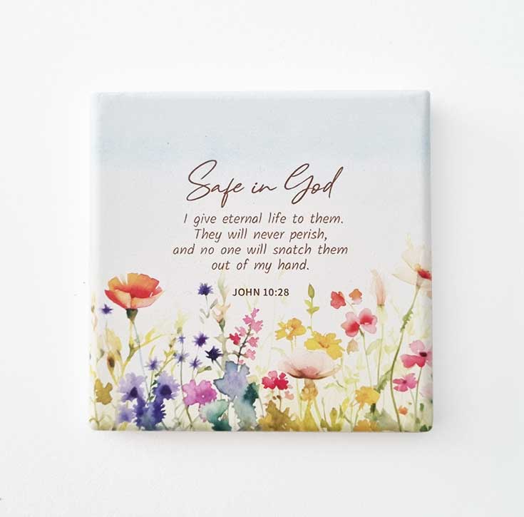 christian square ceramic coaster safe in god John 10:28 on white background