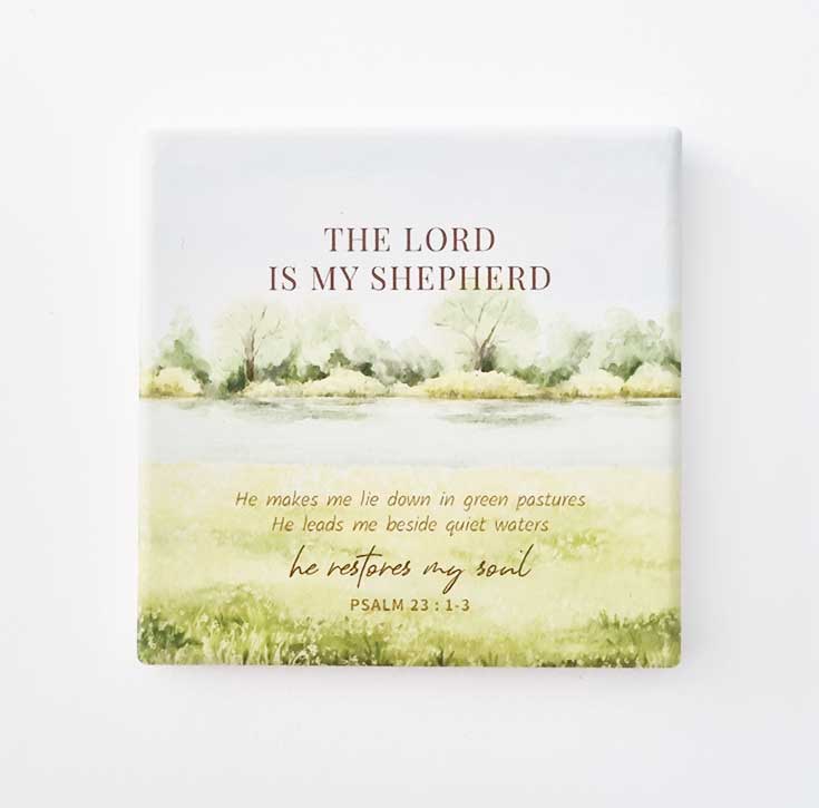 christian square ceramic coaster Psalm 23 the lord is my shepherd on white background