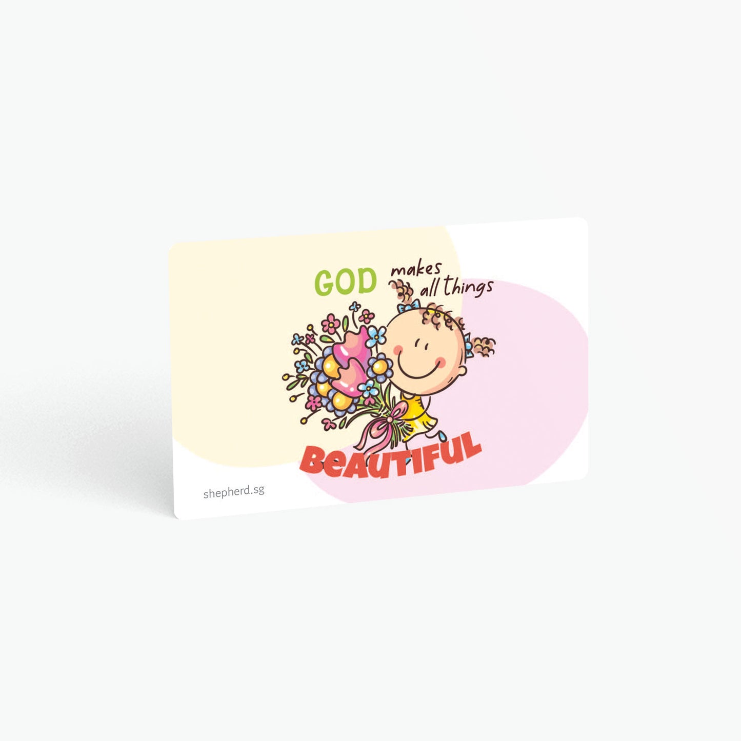 A curved corner wallet card size sticker for children standing in landscape on a white background with text "God makes all things beautiful"