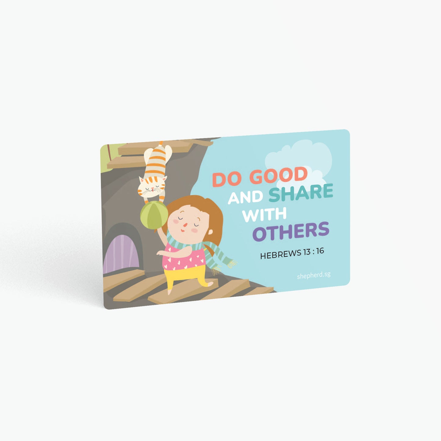 A curved corner wallet card size sticker for children standing in landscape on a white background with text "Do good and share with others" Hebrews 13:16
