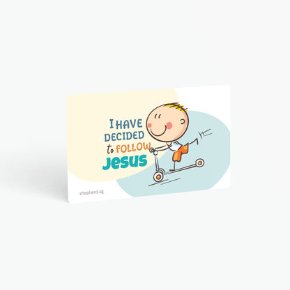 A curved corner wallet card size sticker for children standing in landscape on a white background with text "I have decided to follow Jesus"