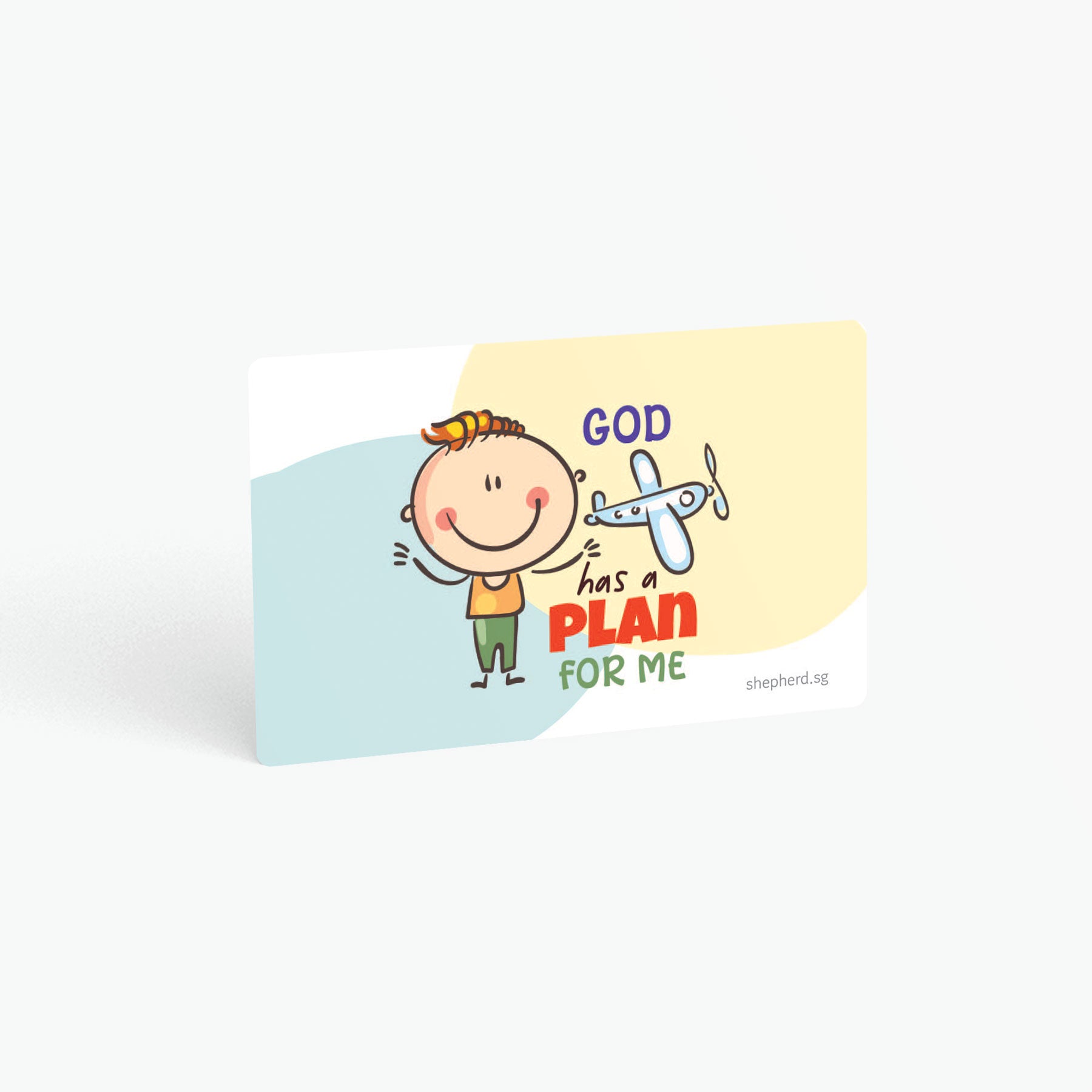 A curved corner wallet card size sticker for children standing in landscape on a white background with text "God has a plan for me"