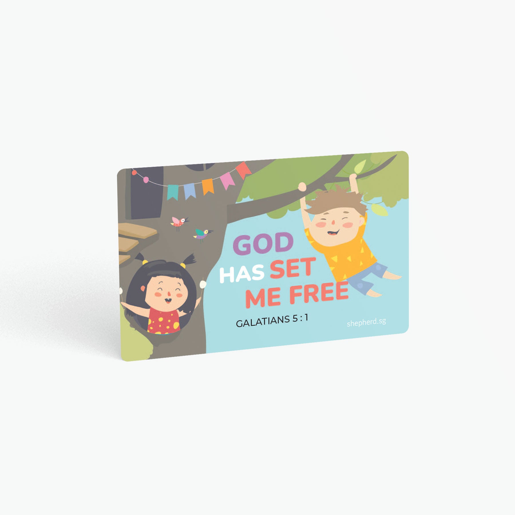 A curved corner wallet card size sticker for children standing in landscape on a white background with text "God has set me free" Galatians 5:1
