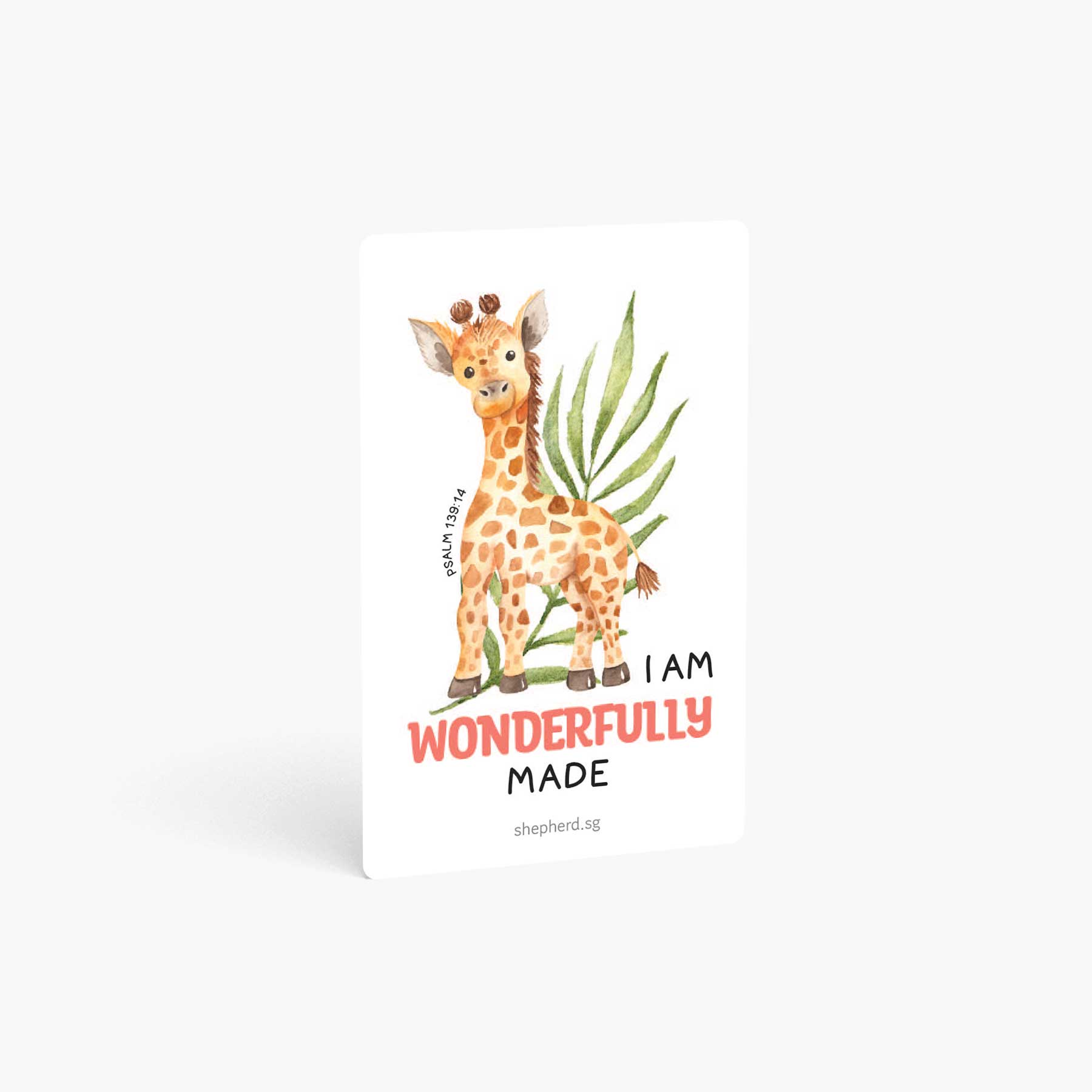 A curved corner wallet card size sticker for children standing vertically on a white background with Bible verse Psalm 138:14 I am wonderfully made