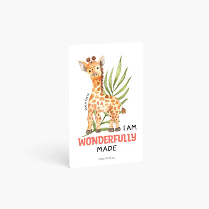 A curved corner wallet card size sticker for children standing vertically on a white background with Bible verse Psalm 138:14 I am wonderfully made