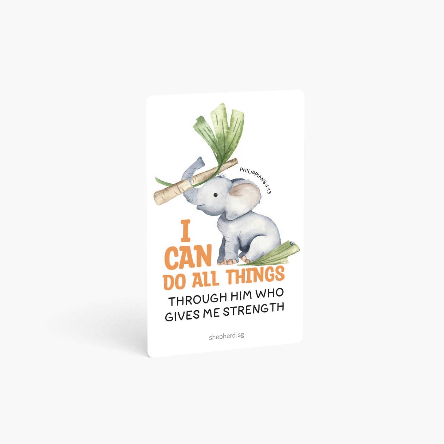 A curved corner wallet card size sticker for children standing vertically on a white background with Bible verse Philippians 4:13 I can do all things