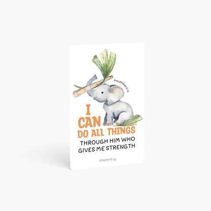A curved corner wallet card size sticker for children standing vertically on a white background with Bible verse Philippians 4:13 I can do all things