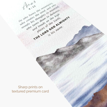 textured premium card with watercolor mountain illustration and bible verse