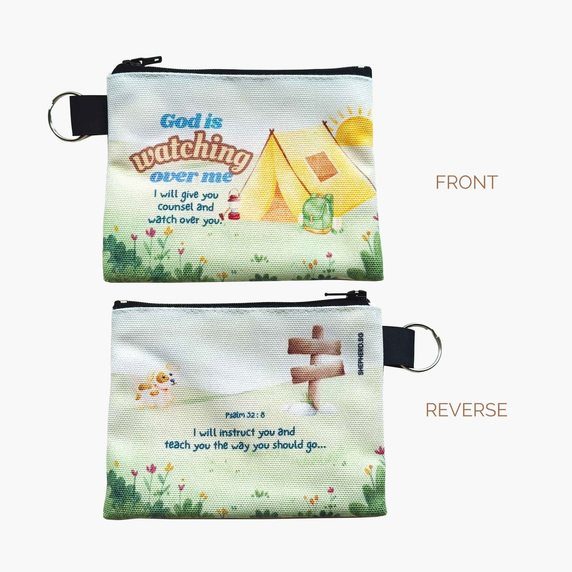 kids canvas zipper pouch front reverse view with bible verse god is watching over me psalm