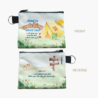 kids canvas zipper pouch front reverse view with bible verse god is watching over me psalm