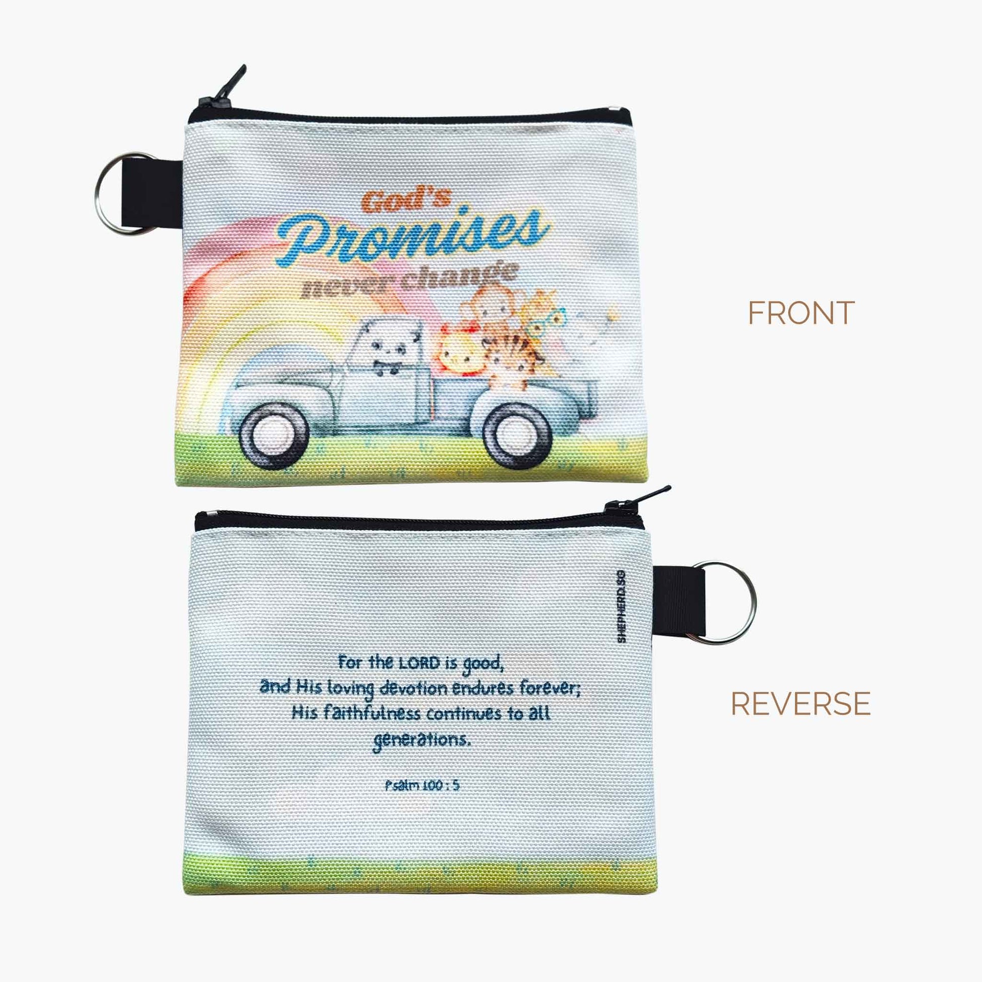 kids canvas zipper pouch front reverse views with bible verse god's promises psalm