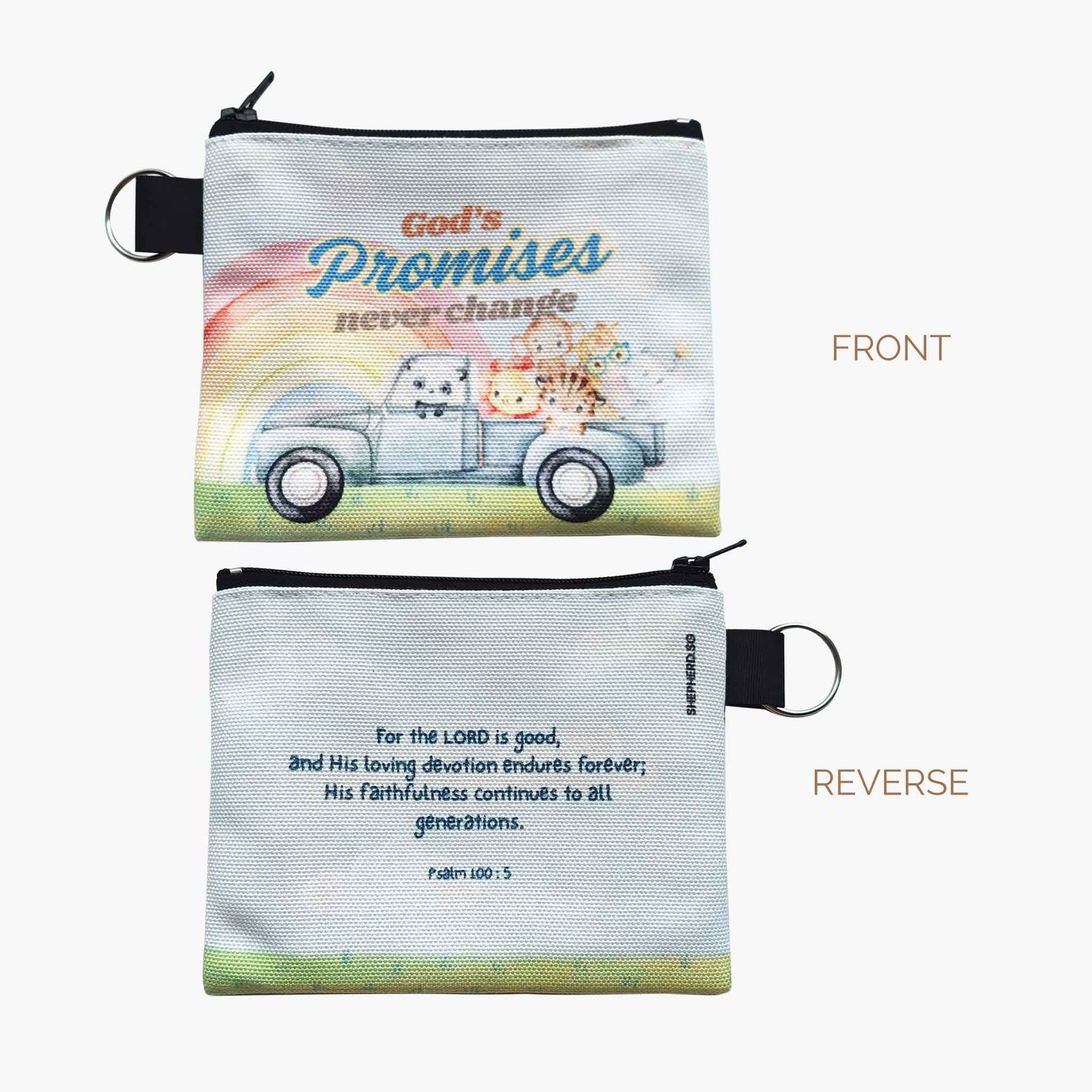 kids canvas zipper pouch front reverse views with bible verse god's promises psalm