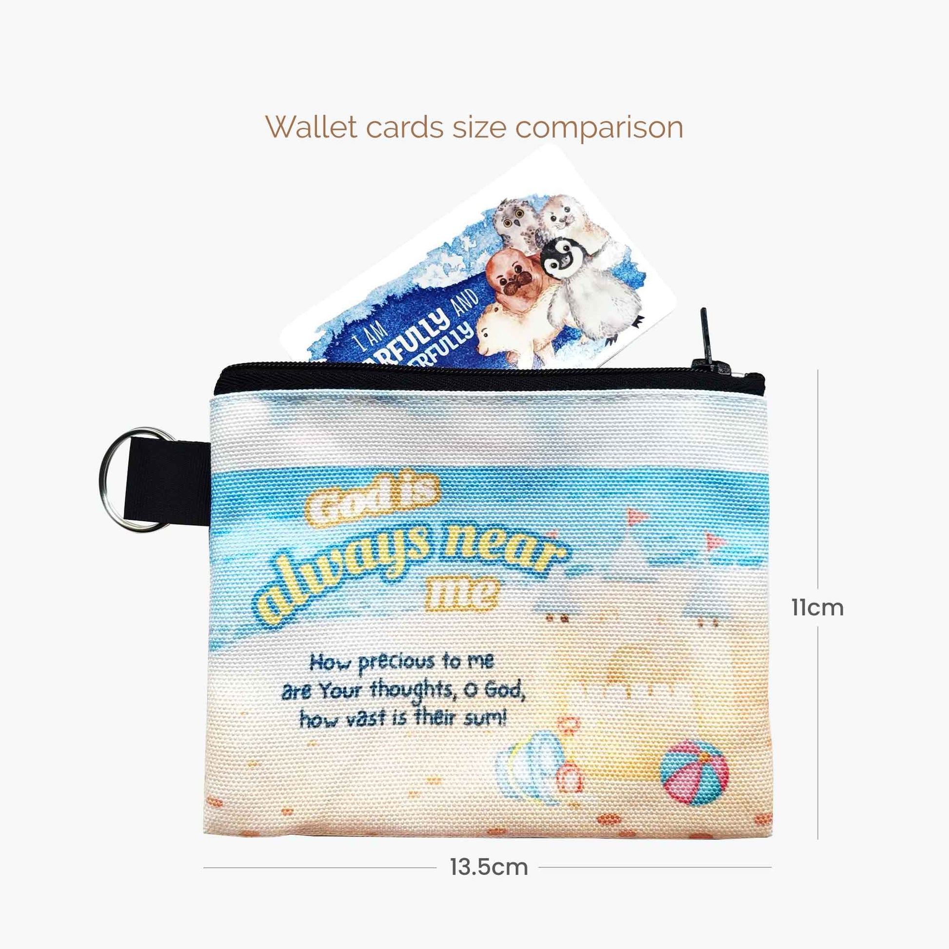 Small zipper pouch with bible verse and cartoon characters, containing card, on a white background.