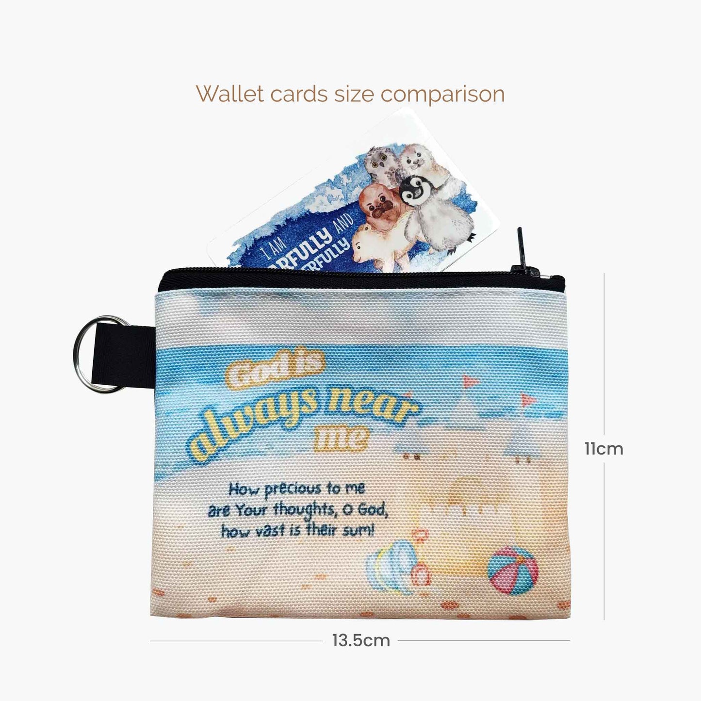 Small zipper pouch with bible verse and cartoon characters, containing card, on a white background.