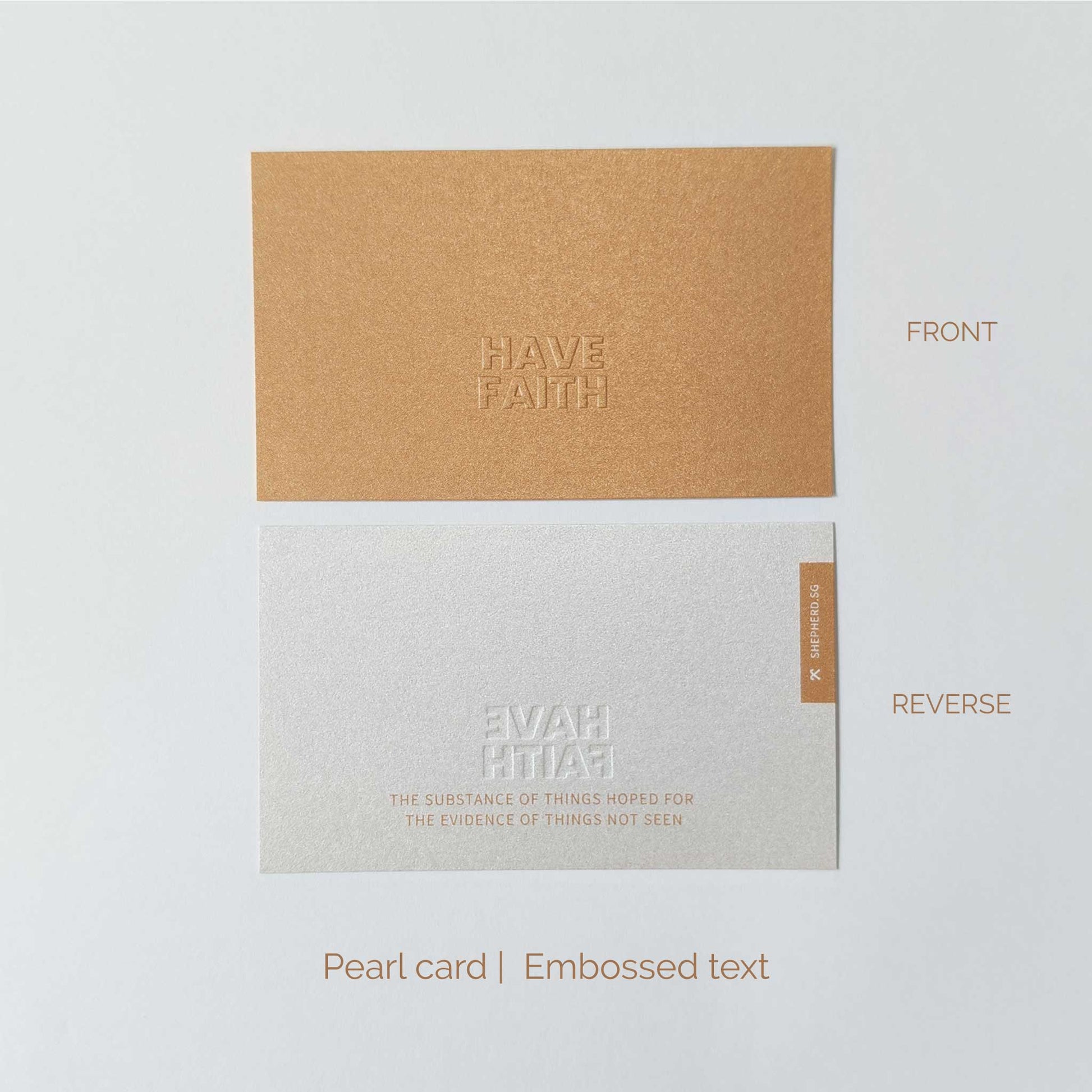 Pearl card with embossed text 'HAVE FAITH' on a light gray background shown from front and reverse sides.