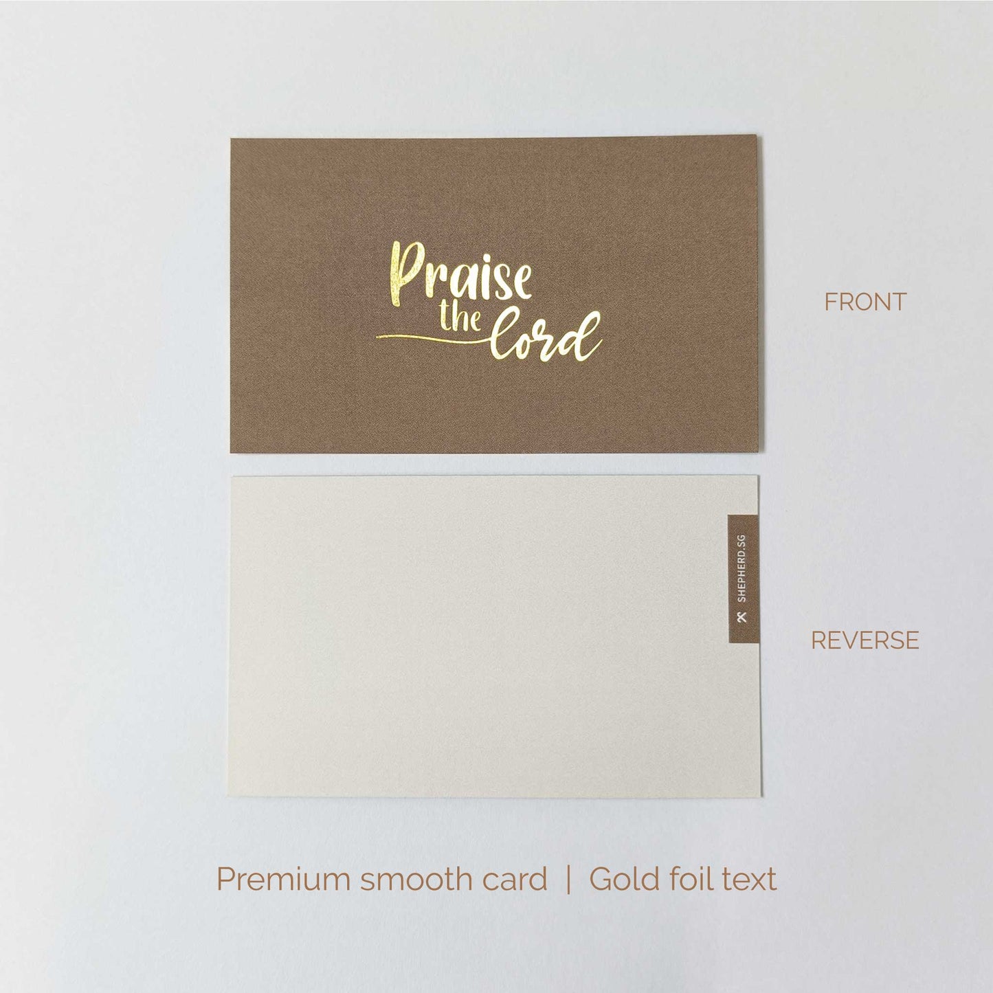 Smooth art card with gold foil text 'Praise the Lord' on a white background, shown from front and reverse sides.