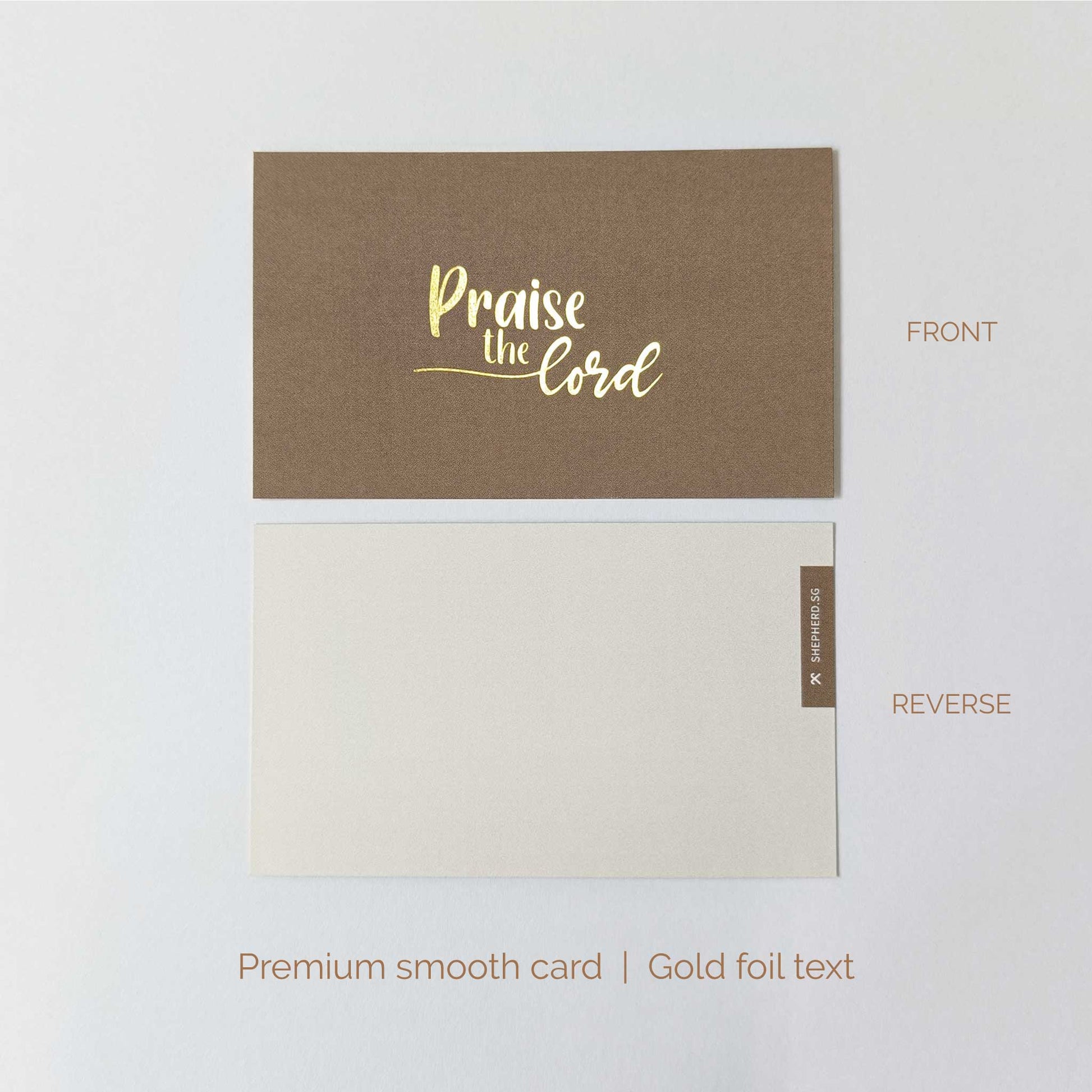 Smooth art card with gold foil text 'Praise the Lord' on a white background, shown from front and reverse sides.