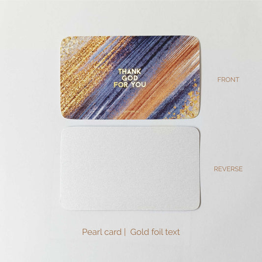 Pearl card with gold foil text 'THANK GOD FOR YOU' on a white background, shown from front and reverse sides.
