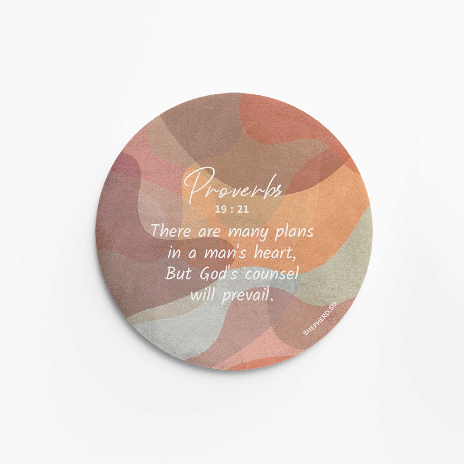 flat round button magnet with bible verse God's counsel will prevail on abstract background