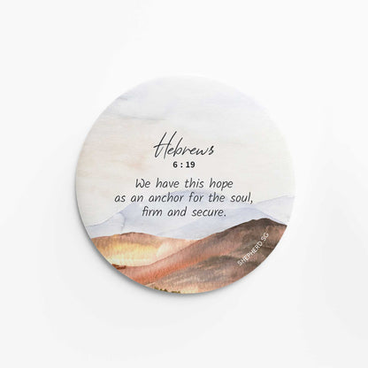 flat round button magnet with bible verse we have this hope on landscape nature background