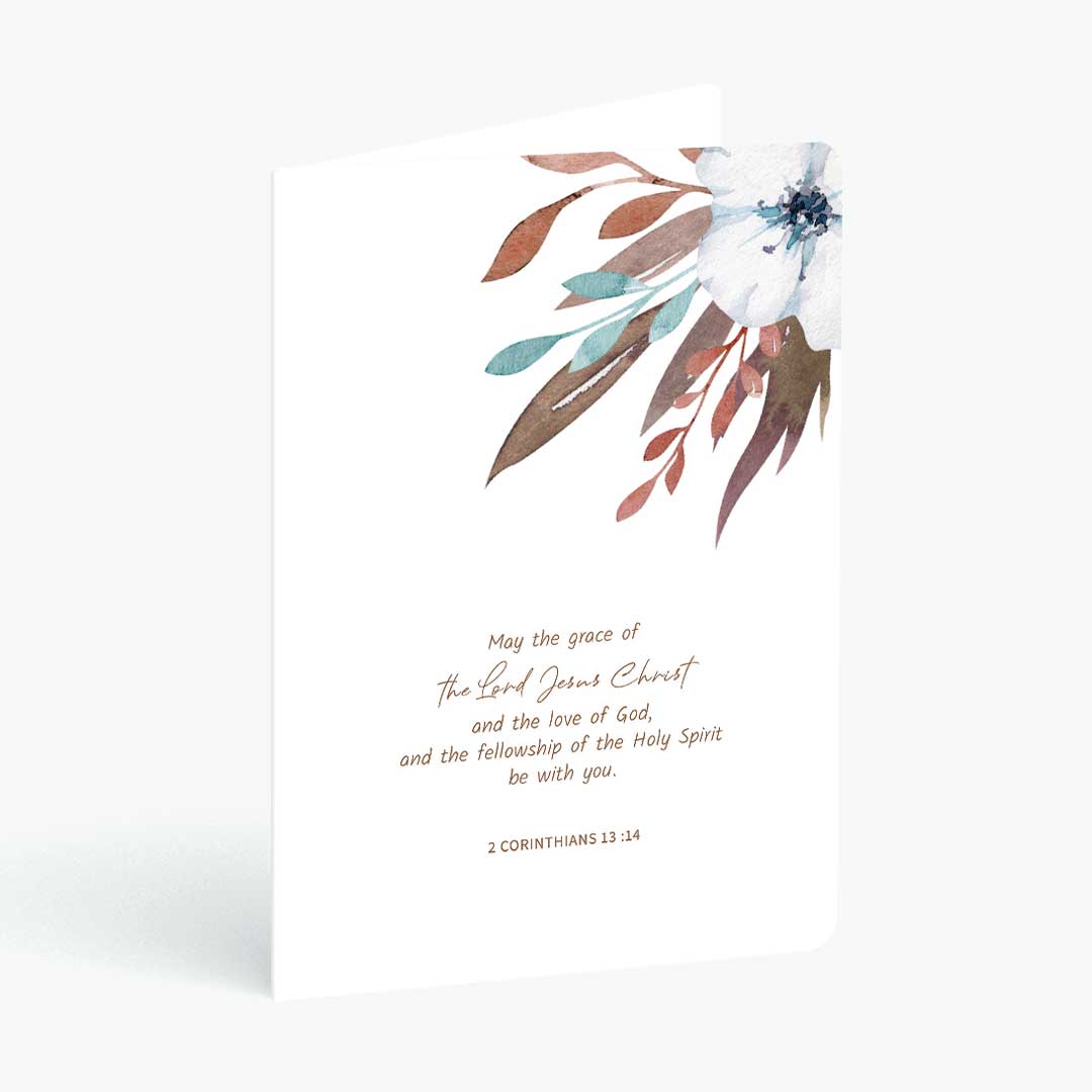 Christian greeting card with may the grace of the Lord Jesus Christ bible verse and floral illustration on a white background