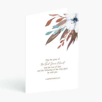 Christian greeting card with may the grace of the Lord Jesus Christ bible verse and floral illustration on a white background