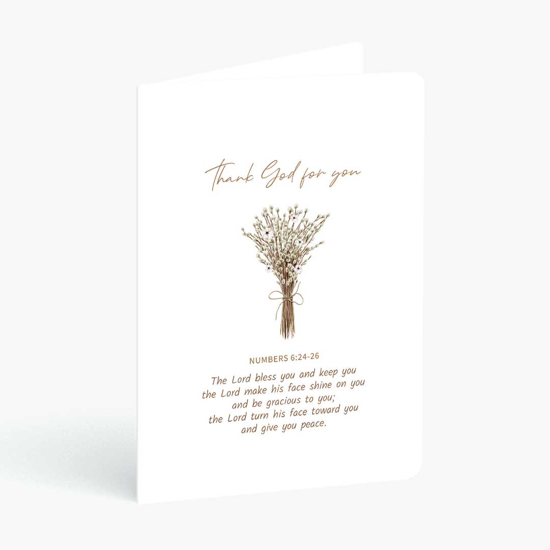 Christian greeting card thank God for you with bible verse numbers 6 and a rustic floral bouquet on a white background