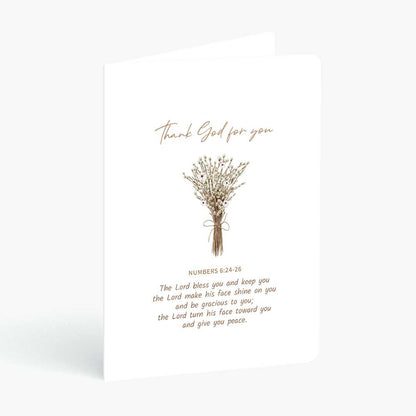 Christian greeting card thank God for you with bible verse numbers 6 and a rustic floral bouquet on a white background