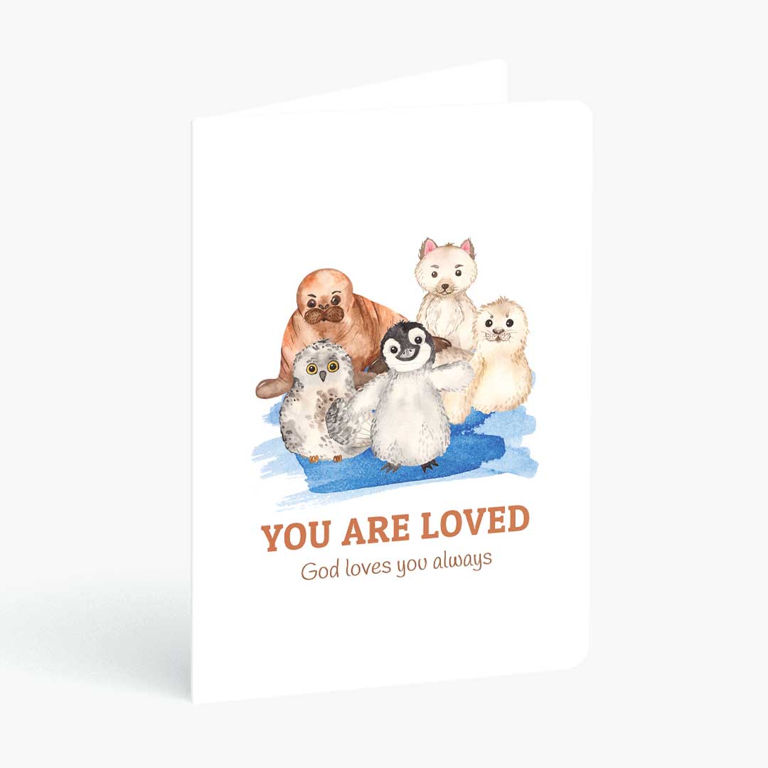 Christian greeting card you are loved with cartoon arctic animals on a white background