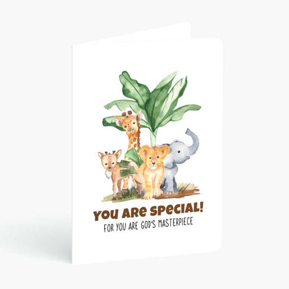 Christian greeting card you are God's masterpiece and safari cartoon animals on a white background